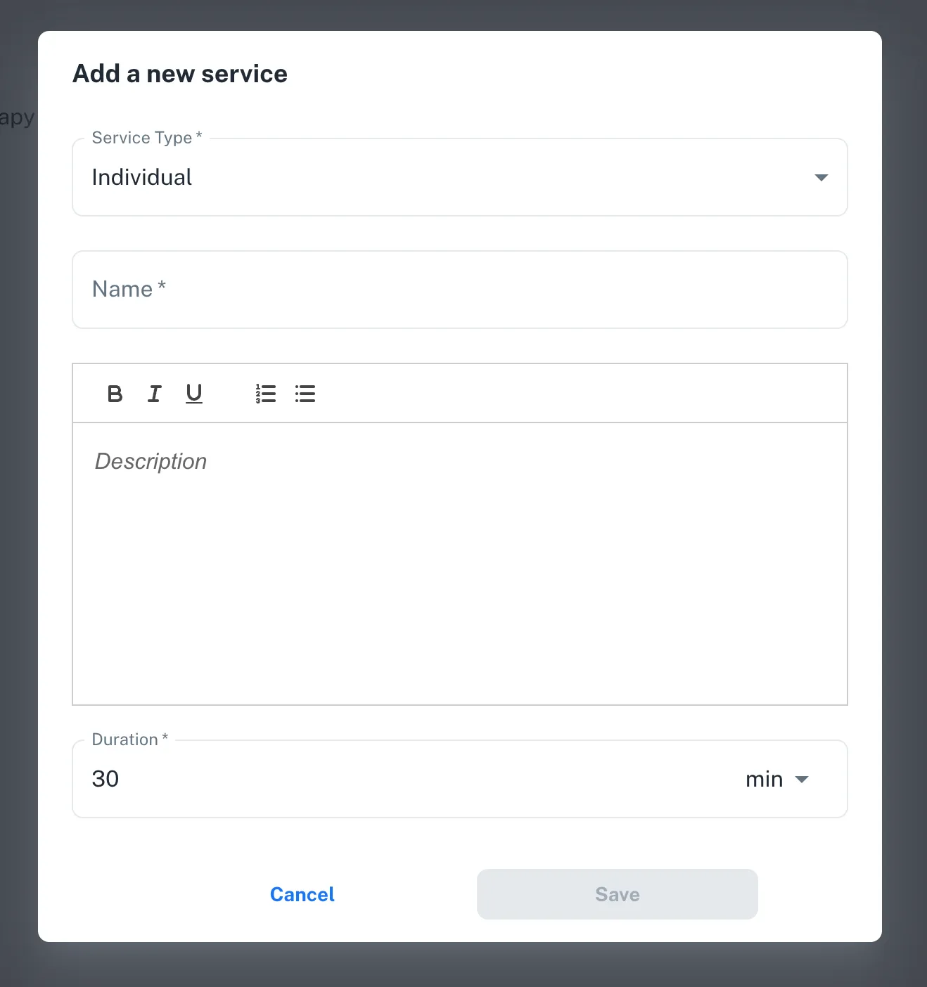 SpotASlot dashboard with popup form for creating a new service, showing fields for service type, name, description, and duration settings
