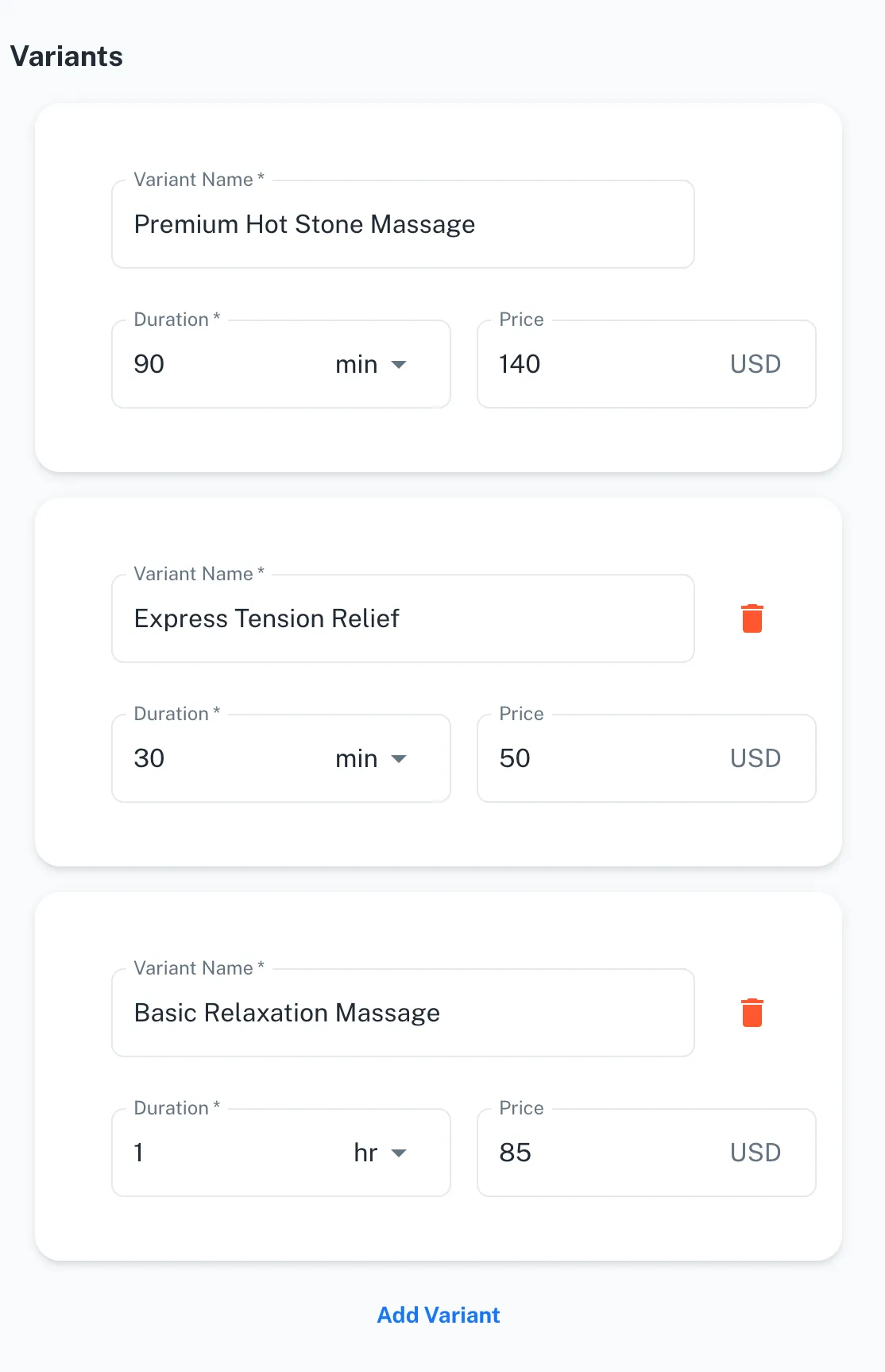 SpotASlot interface showing the 'Add Variant' form with fields for variant name, duration, price, and other customizable settings