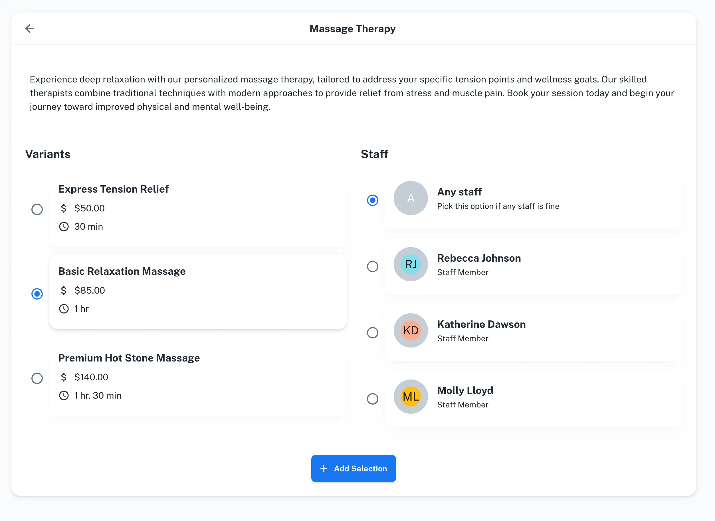 SpotASlot customer booking interface showing Basic Relaxation Massage variant with all staff members available for selection