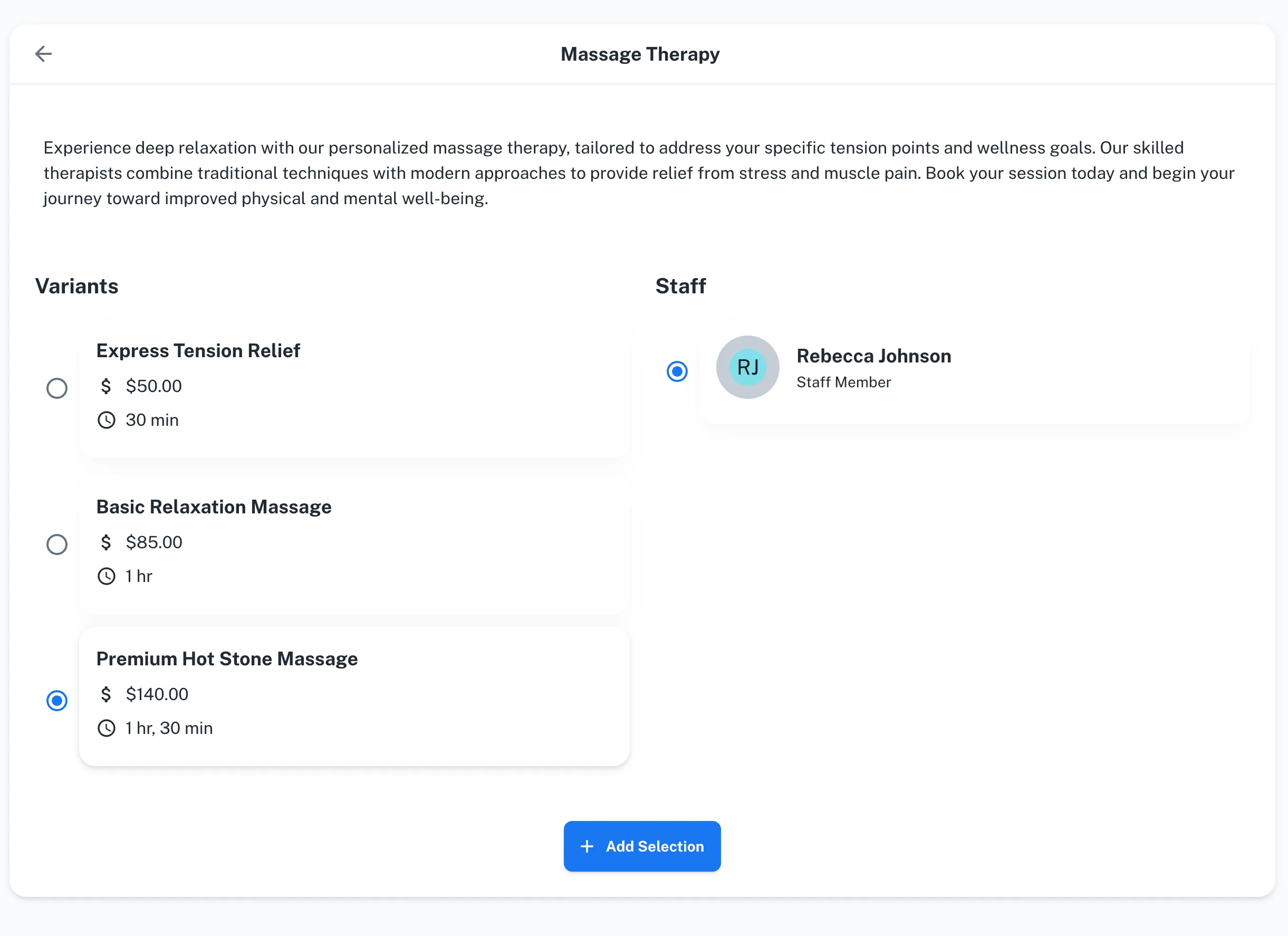 SpotASlot booking page displaying Premium Hot Stone Massage variant with only Rebecca Johnson available as the service provider