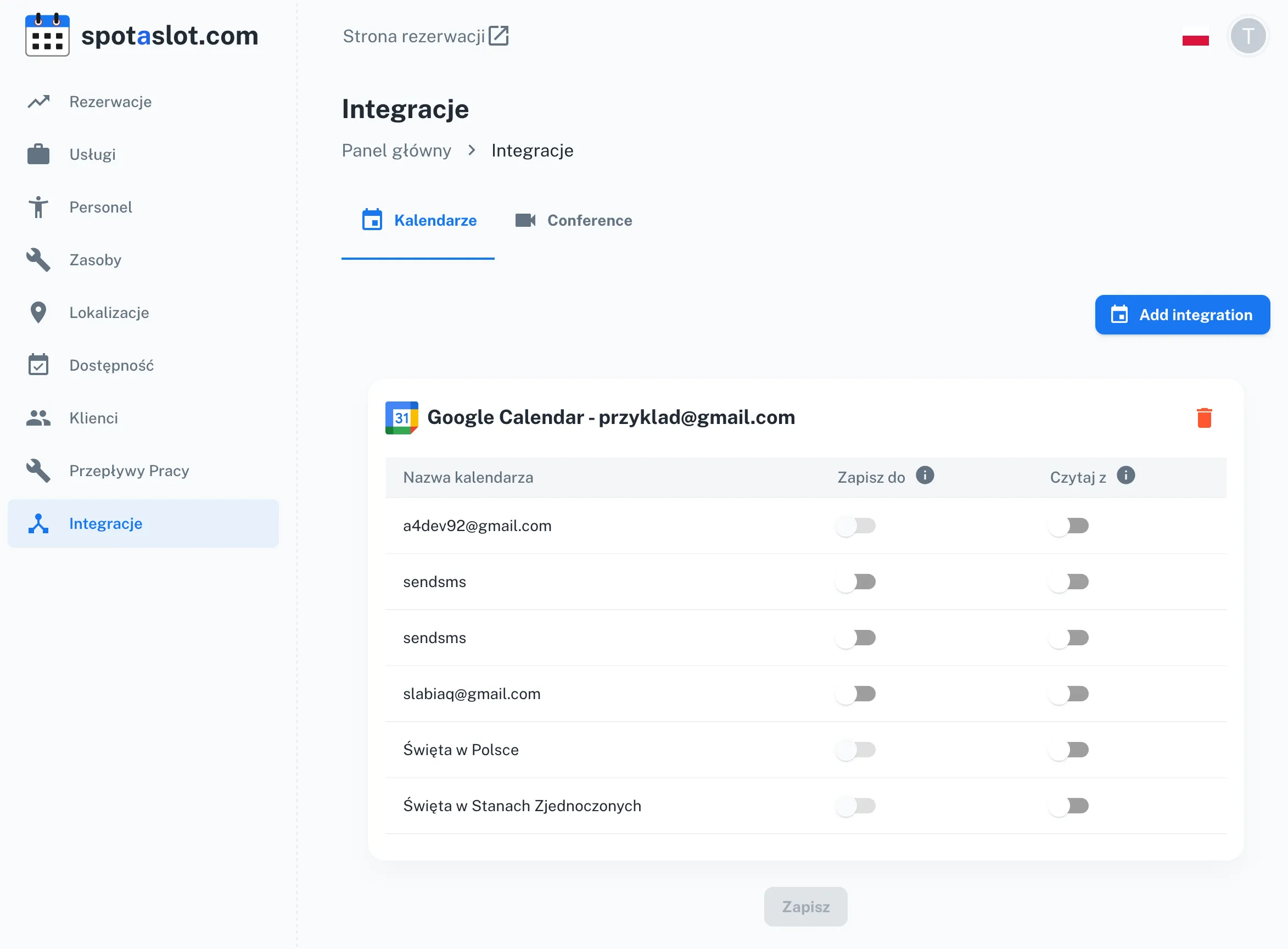 Panel konfiguracji wariantów usług