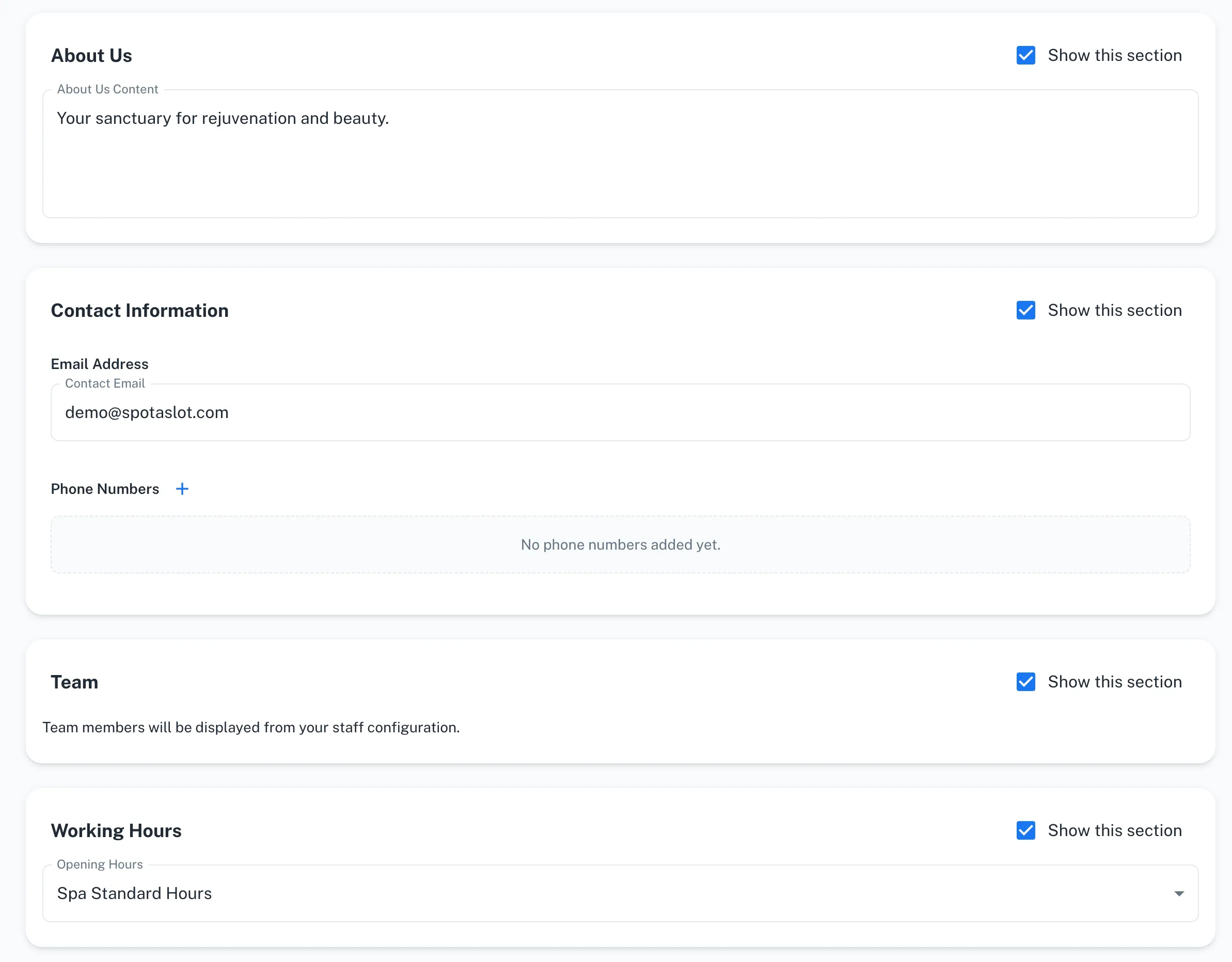 View of SpotASlot&#x27;s Business Settings with Landing Page Type selection