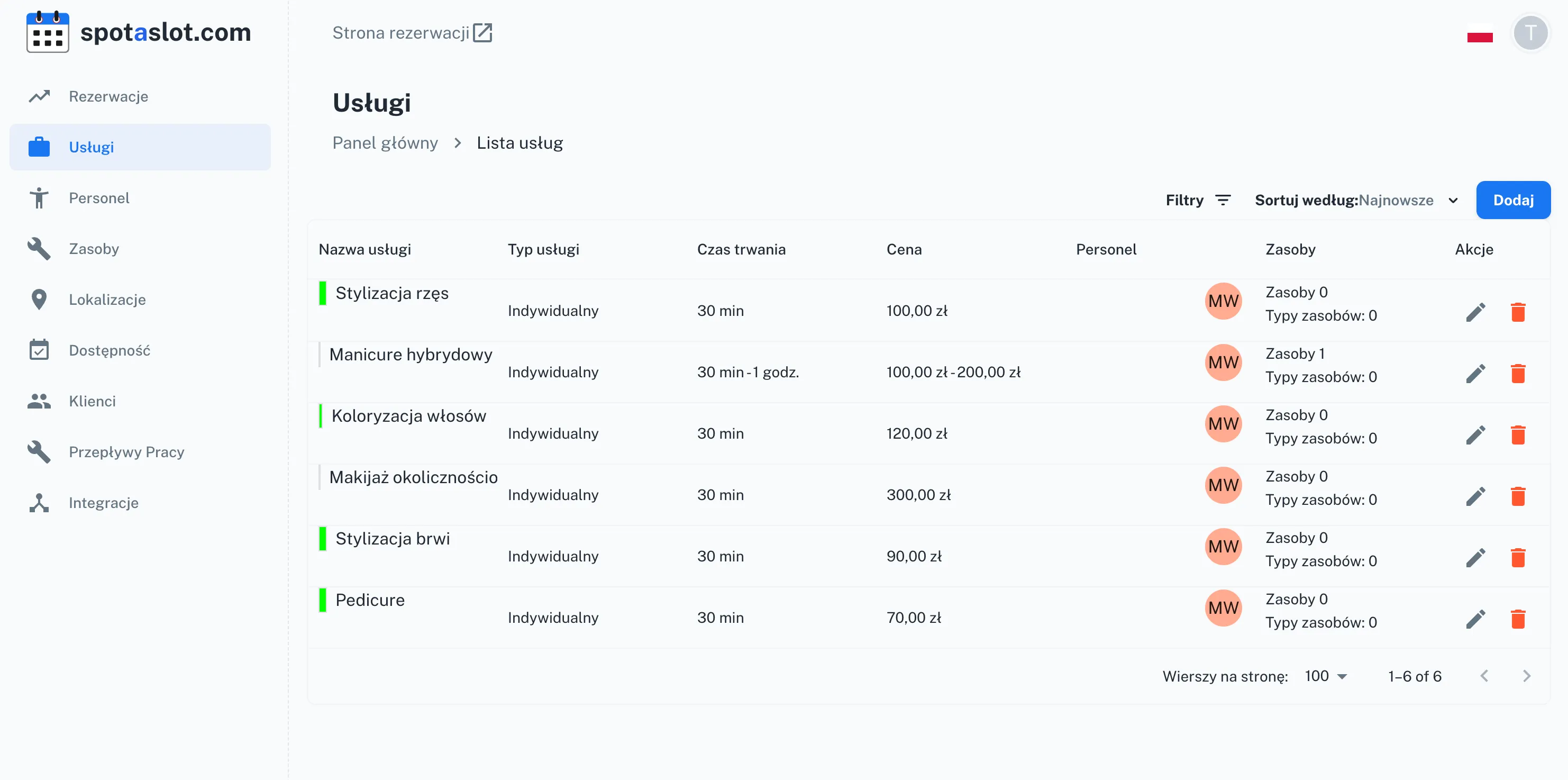 Główny interfejs kalendarza SpotaSlot