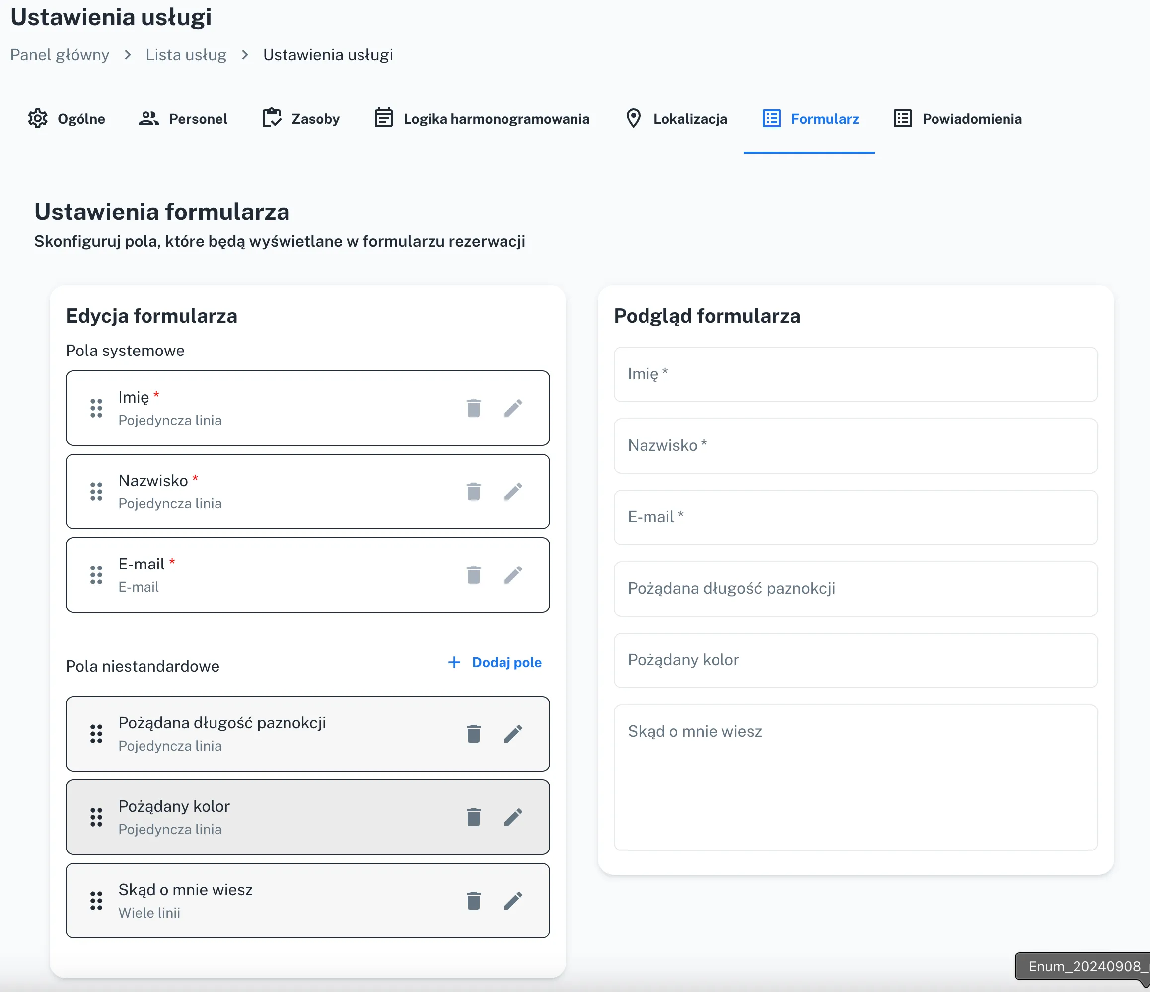 Formularz rezerwacji z niestandardowymi polami