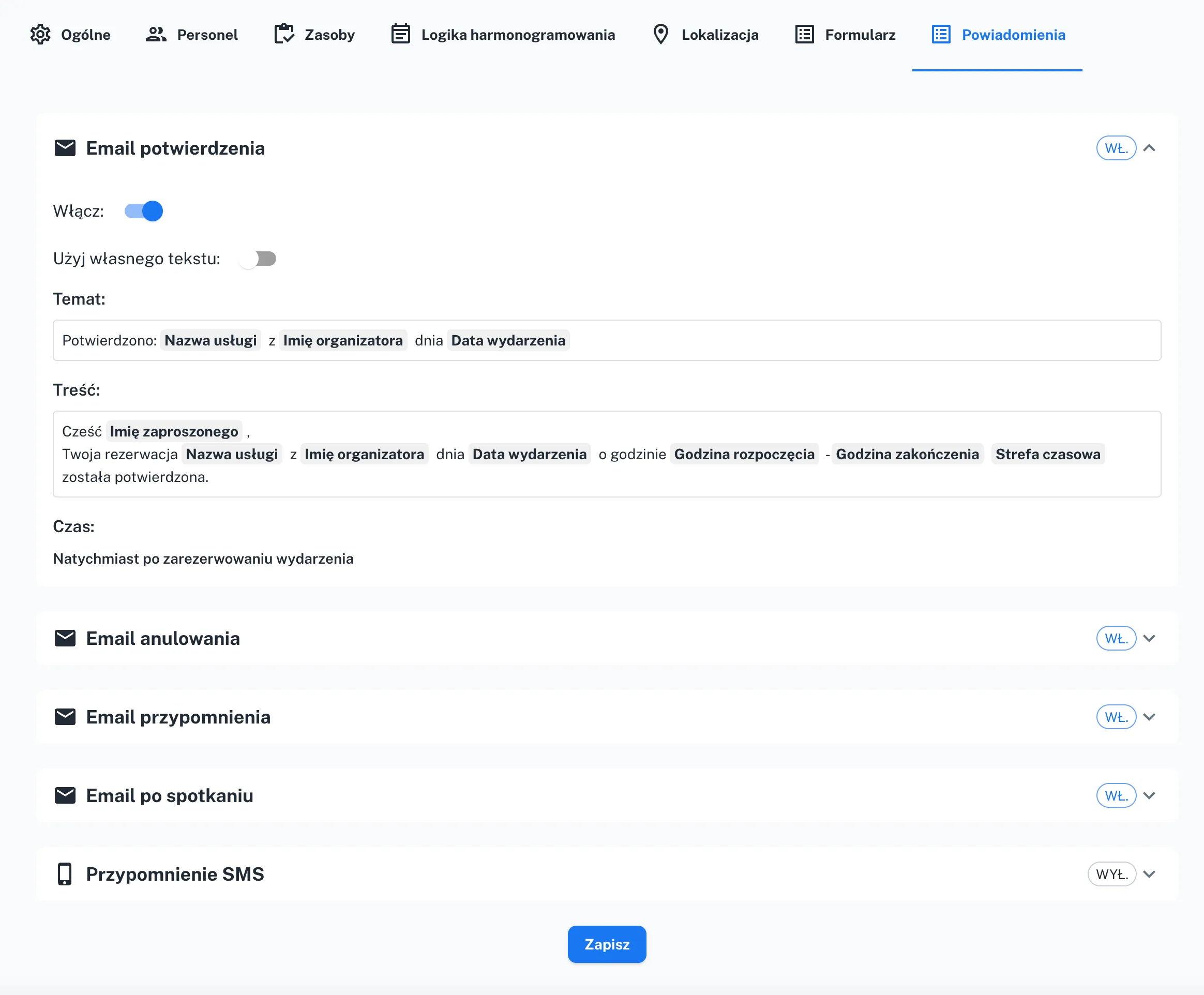 Panel konfiguracji powiadomień z widocznymi opcjami SMS i e-mail