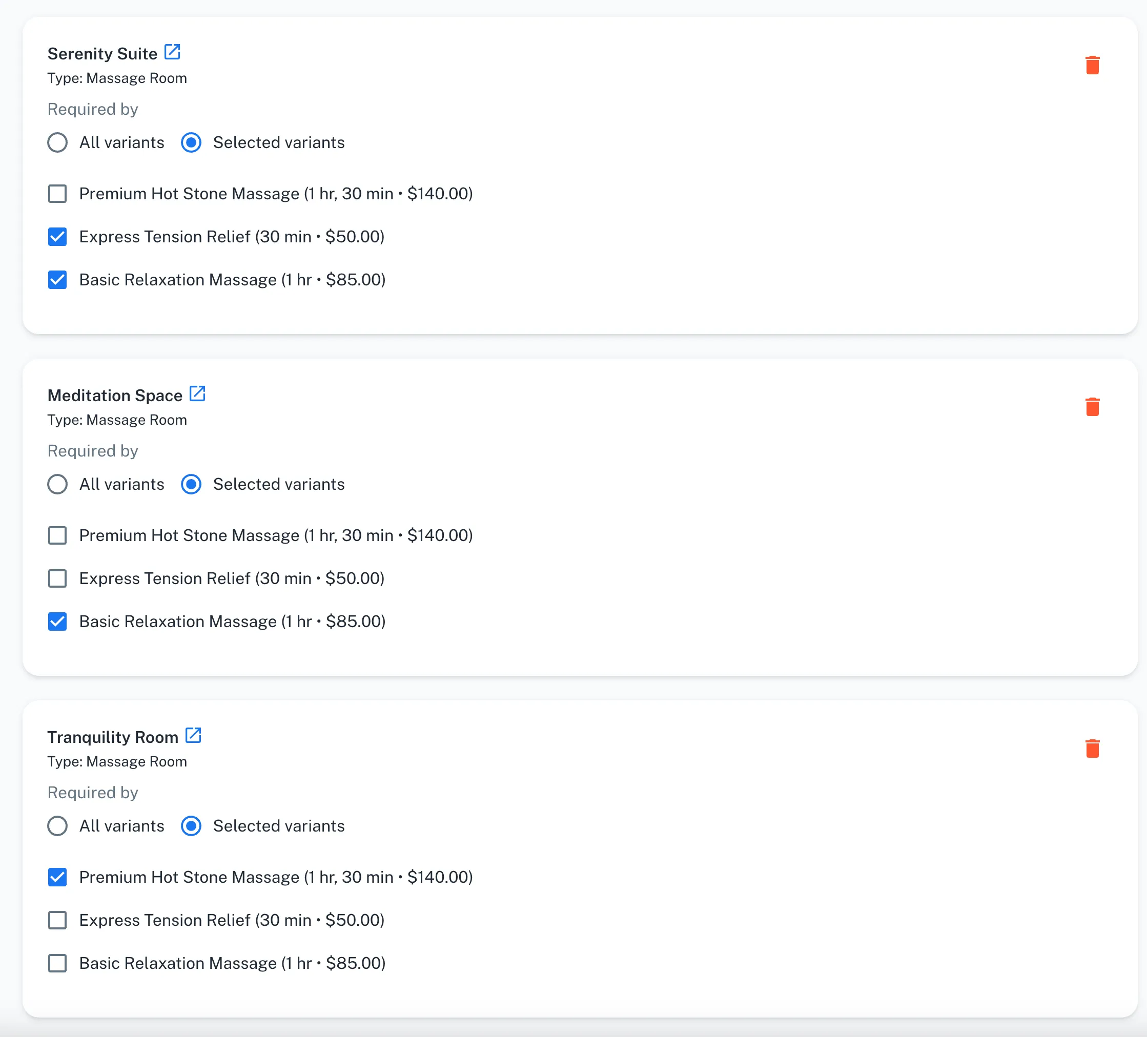 SpotASlot resource assignment screen showing dropdown menus for selecting specific rooms and resource types for different service variants
