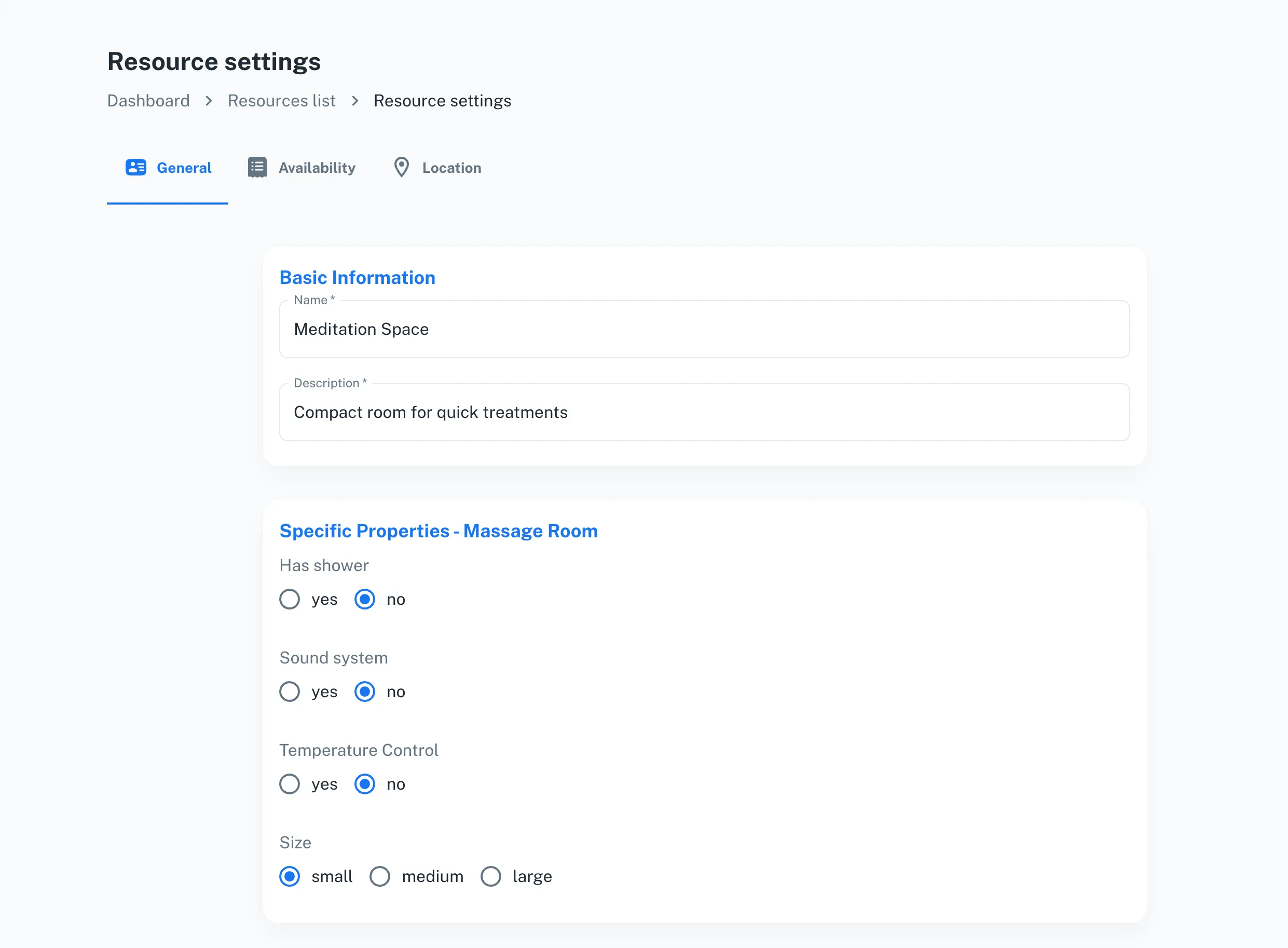 Screenshot of SpotASlot settings panel configuring the Meditation Space as a small massage room without shower, sound system, or temperature control features