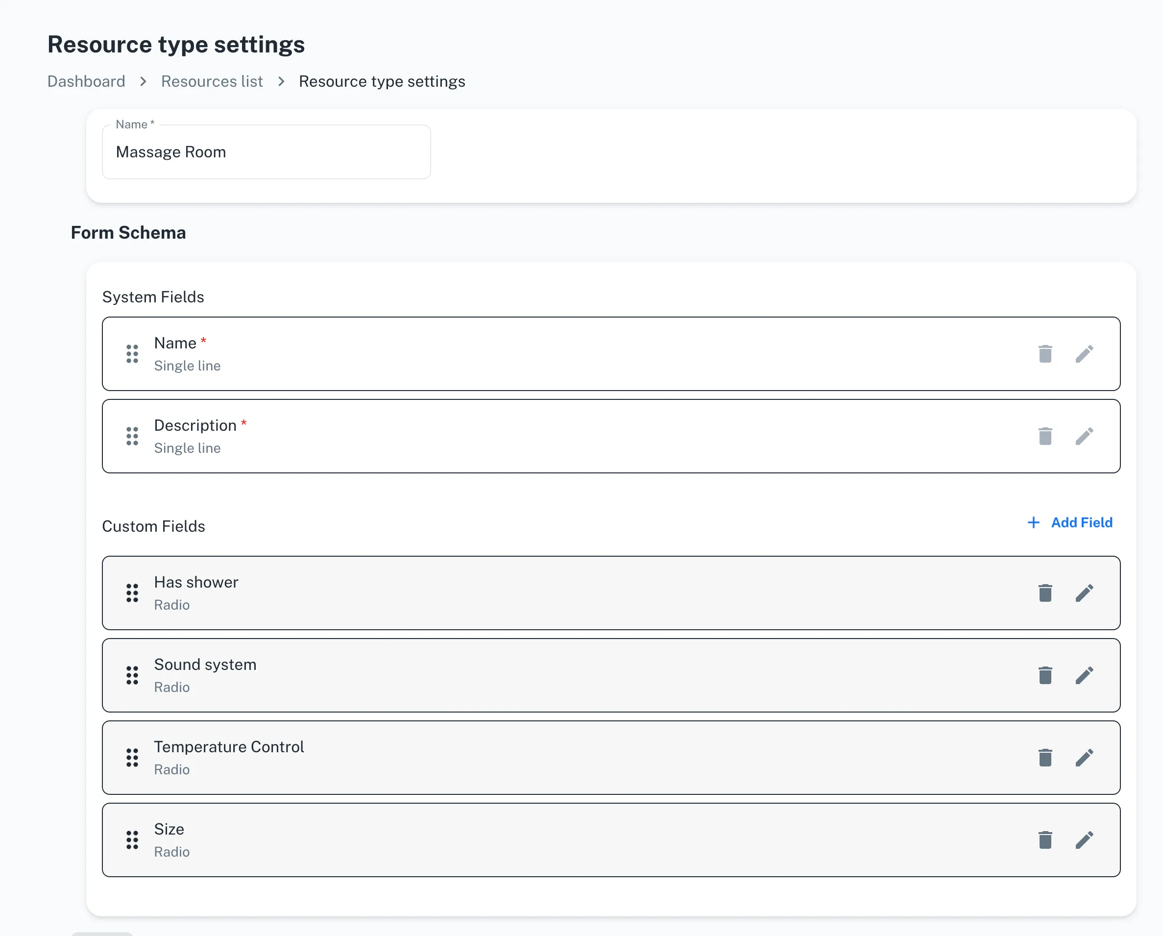 SpotASlot interface showing how to define a Massage Room resource type with custom properties including shower, sound system, and temperature control options