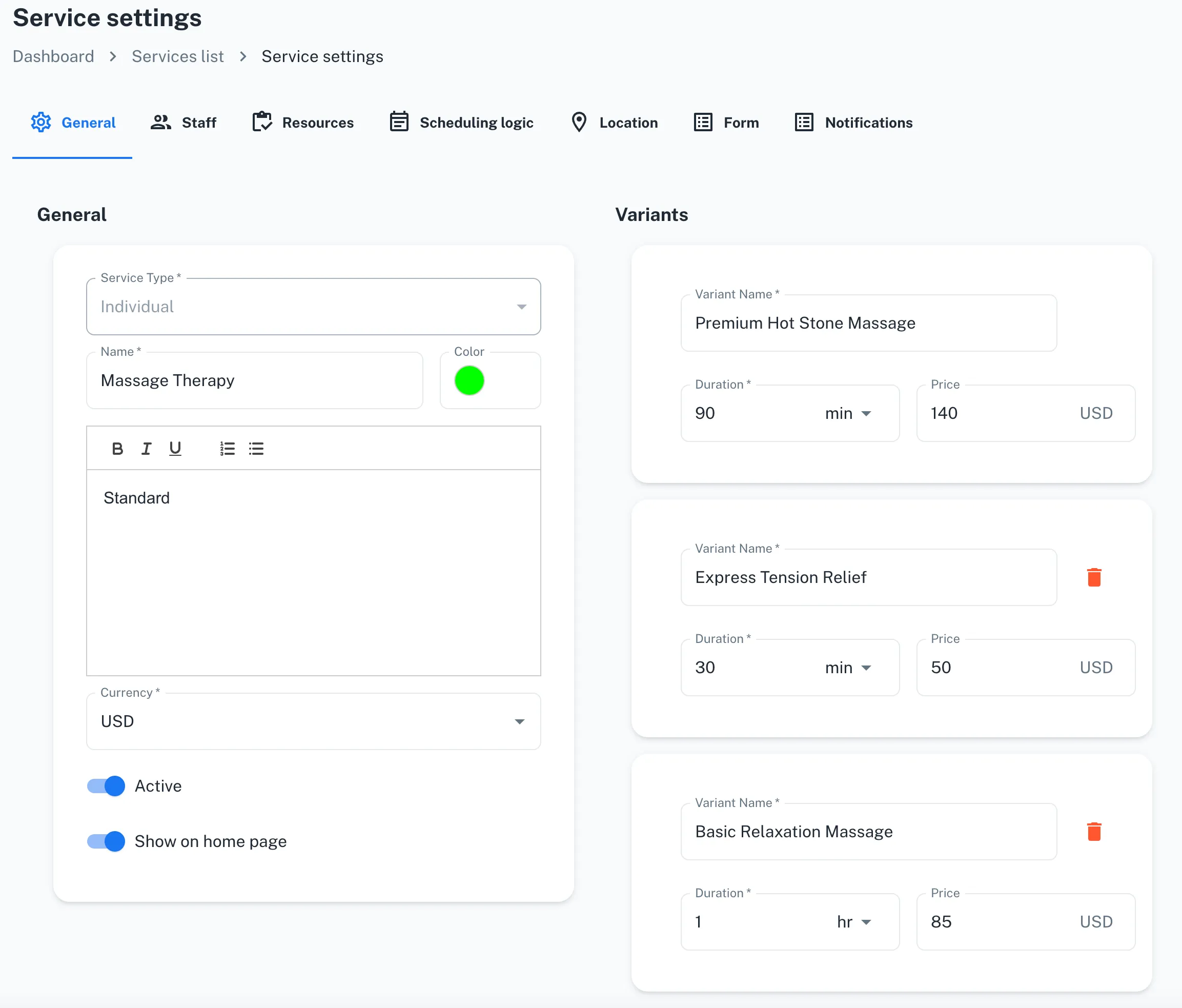 SpotASlot dashboard showing Massage Therapy service with three variants: Express Tension Relief (30min/$50), Basic Relaxation (60min/$85), and Premium Hot Stone (90min/$140)