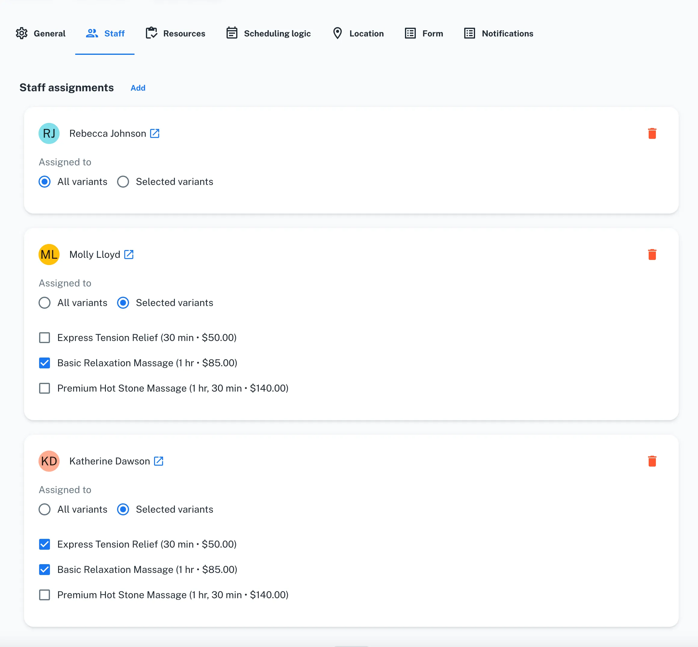 SpotASlot staff assignment panel showing Rebecca Johnson assigned to selected variants with checkboxes for different massage service options