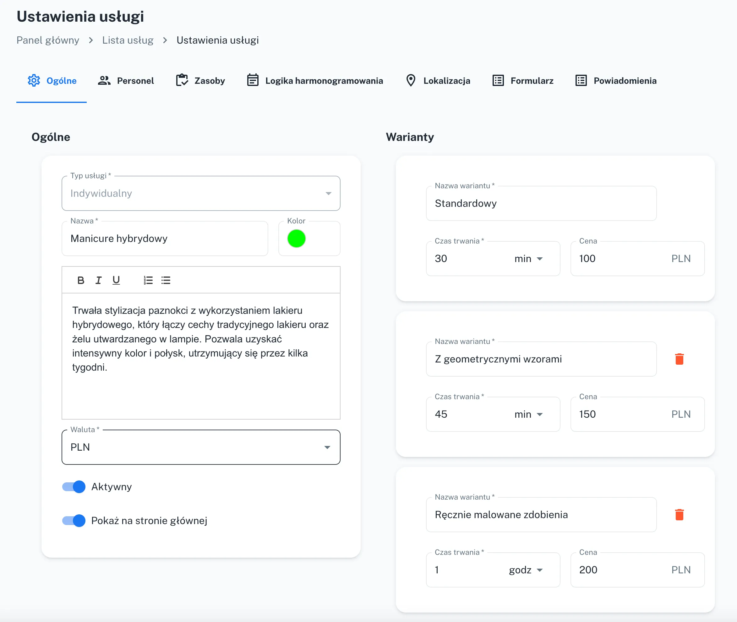 Panel konfiguracji wariantów usług