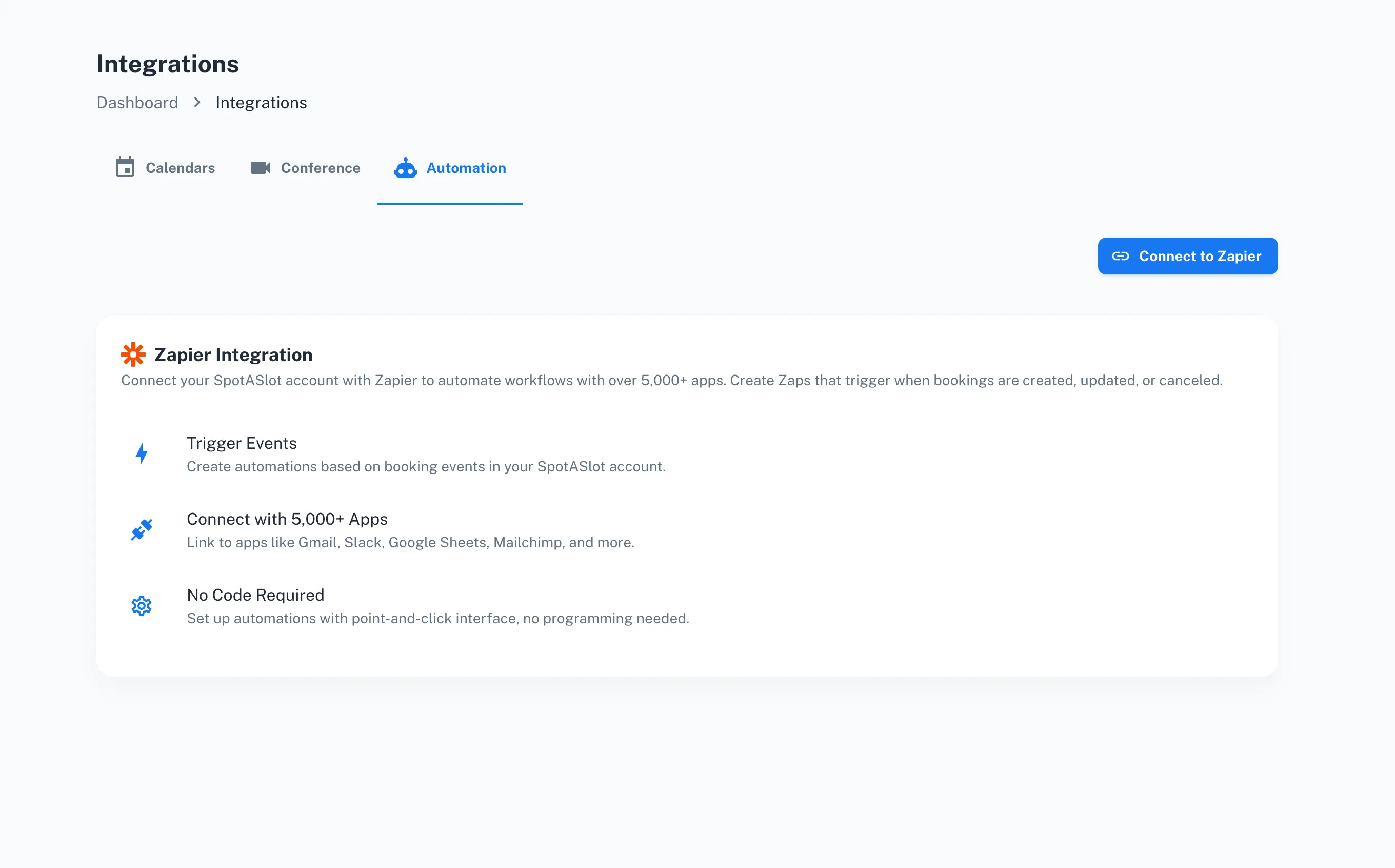 View of spotaslot.com section where user can see &#x27;Connect to Zapier&#x27; button